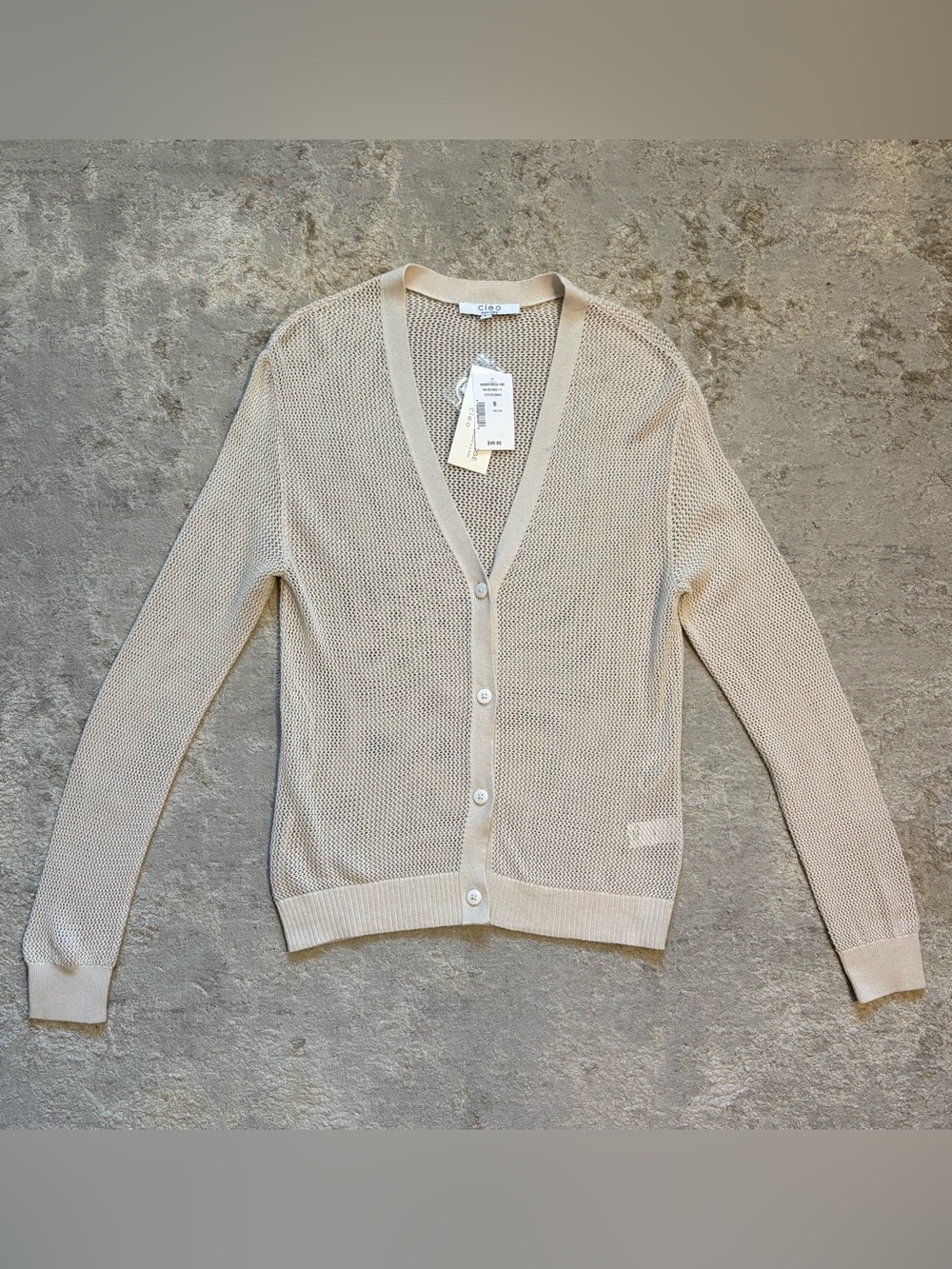 Cleo Petites Cream NWT Mesh Open-Work Button Front Cardigan Size Small Petite - Picture 2 of 12